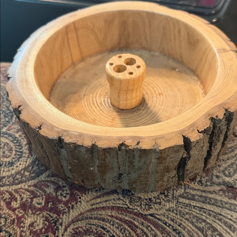 Vintage Rustic Natural Wood Trinket Dish with Center Peg